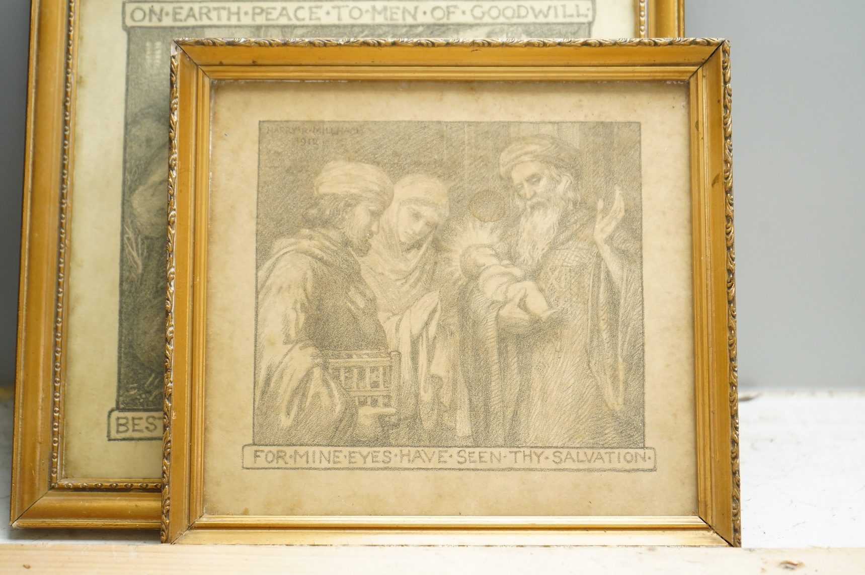 Harry Mileham (1875-1957), ‘For mine eyes have seen thy salvation', two Christmas and New Year monochrome prints, each signed and dated 1911 and 1912 in the plate , largest 18 x 19cm